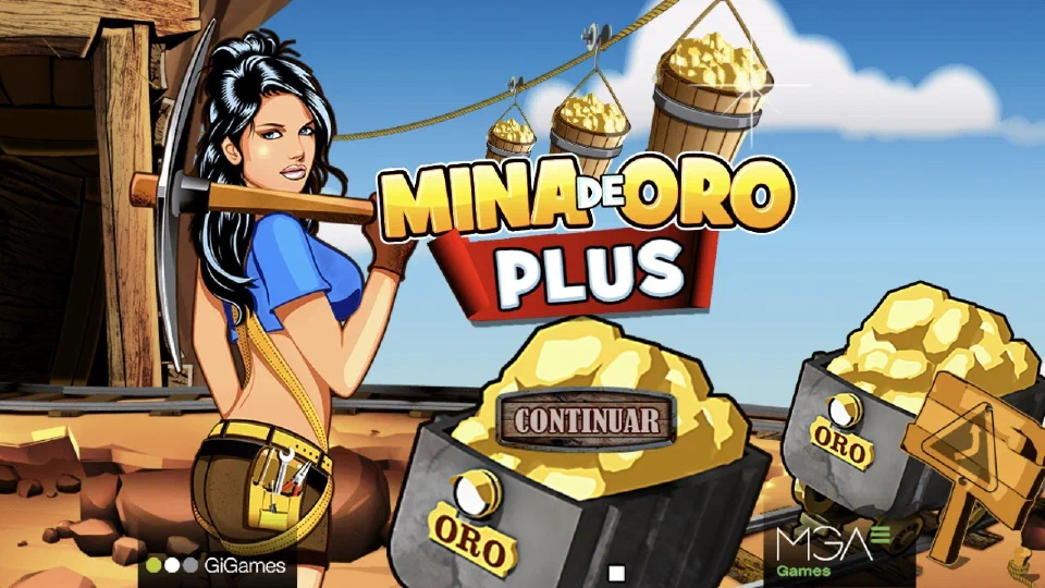Logotipo dorado de La Mina de Oro Plus sobre la entrada de una mina